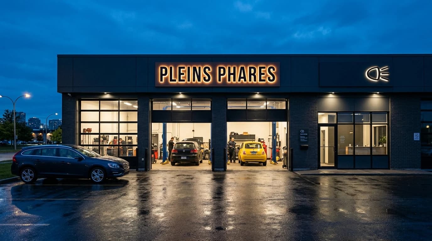 Façade de l'atelier Pleins Phares à l'heure bleue, enseigne allumée